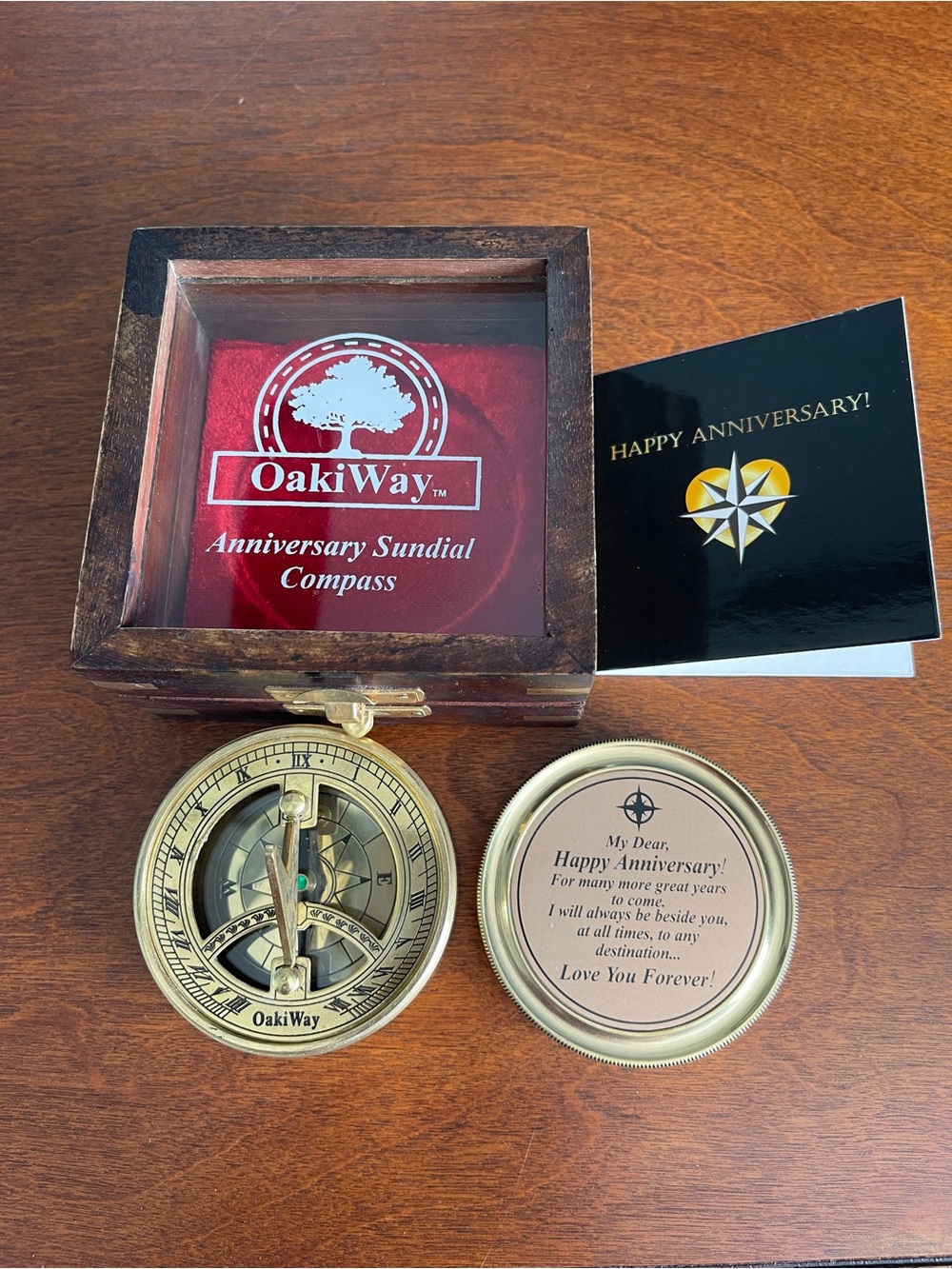 NEW Brass Anniversary Sundial Compass with Wood Display Box